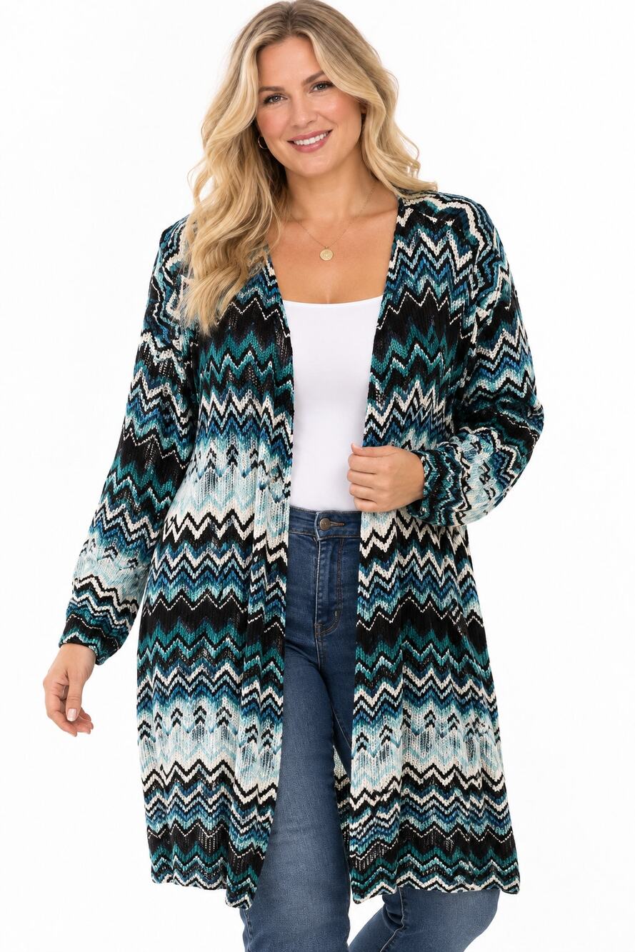 Catherines Chevron Longline Cardigan Womens Size 4X Teal Stretch Topper Sweater